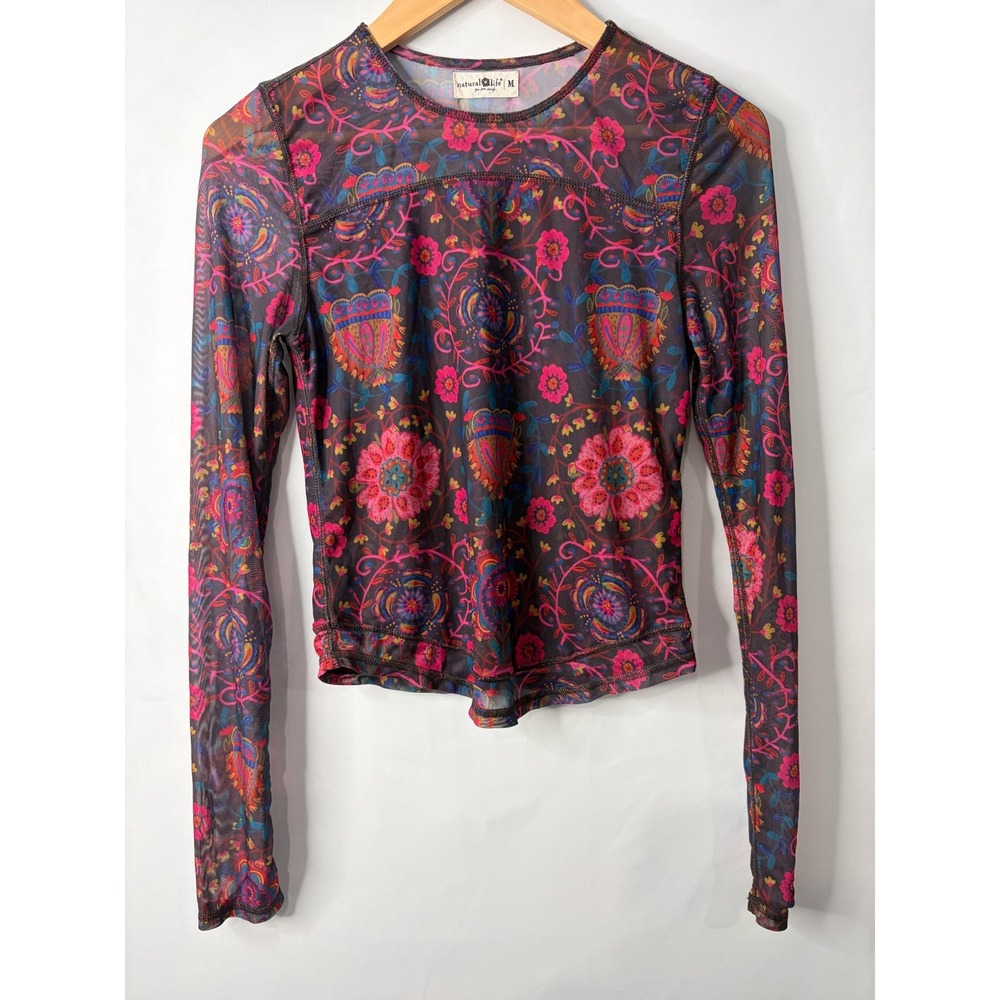 Natural Life Floral Paisley Sheer Mesh Long Sleeve Top Sz M Boho Y2K Indie 90s